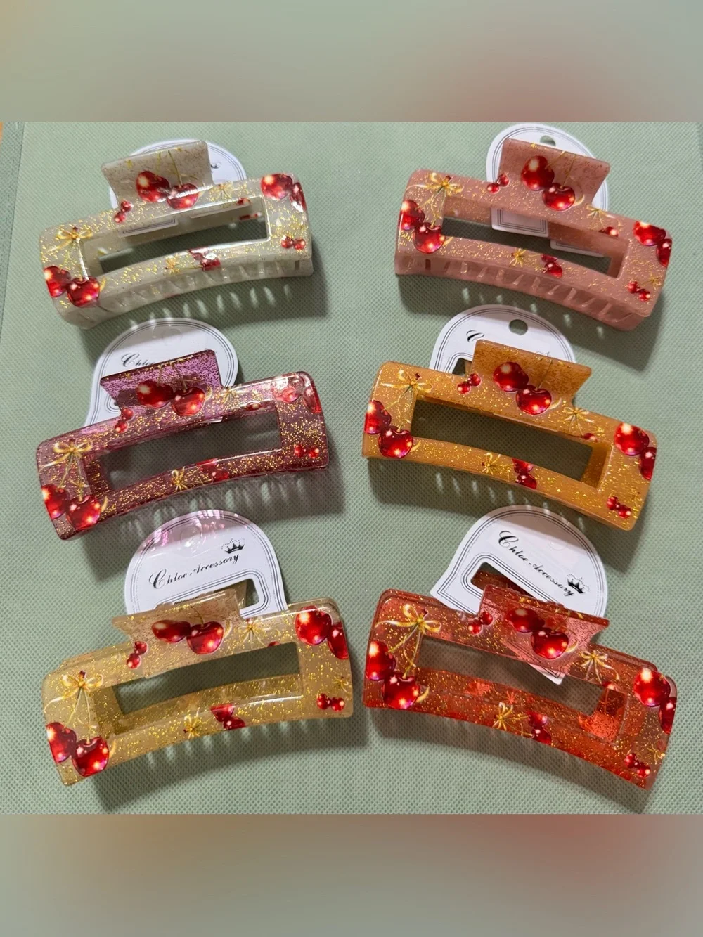 Cherry Glitter Hair Clip - Gold/Red 6 pack